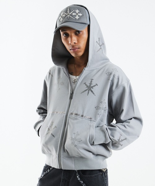 UNKNOWN LONDON(アンノウン・ロンドン)の「ジップフーディ|Dagger Cross Rhinestone Zip Hoodie|Unknown London(パーカー・メンズ・ブラック/グレー・MEDIUM/SMALL/X-LARGE/LARGE)」の1枚目の写真