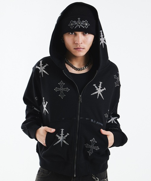 UNKNOWN LONDON(アンノウン・ロンドン)の「ジップフーディ|Dagger Cross Rhinestone Zip Hoodie|Unknown London(パーカー・メンズ・ブラック/グレー・MEDIUM/SMALL/X-LARGE/LARGE)」の2枚目の写真