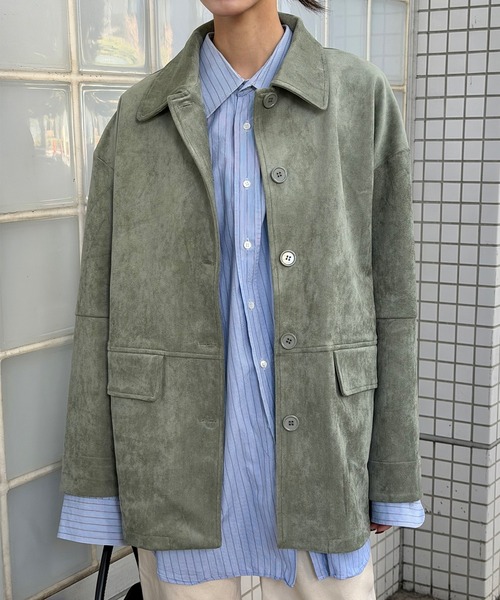 Perushu(ペルーシュ)の「Faux Suede Over Shirt Jacket / フェイクスウェードオーバーシャツジャケット(カバーオール・レディース・ベージュ/ライトグリーン/ブラウン・SMALL/MEDIUM)」の3枚目の写真
