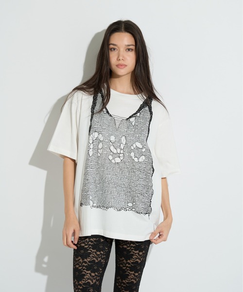 anna sui nyc（アナ スイ エヌ ワイ シー）の「トロンプルイユプリントビッグTシャツ（Tシャツ/カットソー・レディース・ピンク/ホワイト/ブラック・FREE）」の4枚目の写真