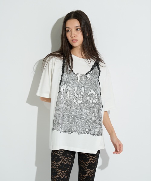 anna sui nyc（アナ スイ エヌ ワイ シー）の「トロンプルイユプリントビッグTシャツ（Tシャツ/カットソー・レディース・ピンク/ホワイト/ブラック・FREE）」の6枚目の写真