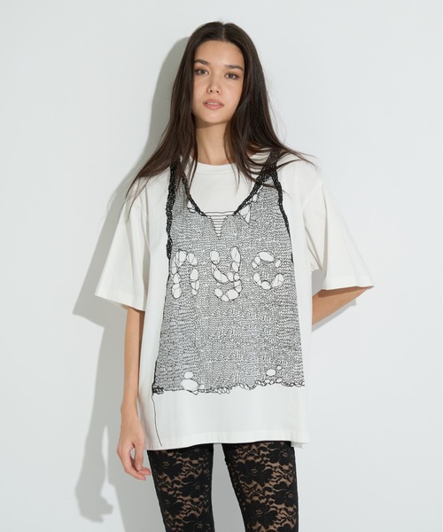 anna sui nyc（アナ スイ エヌ ワイ シー）の「トロンプルイユプリントビッグTシャツ（Tシャツ/カットソー・レディース・ピンク/ホワイト/ブラック・FREE）」の5枚目の写真