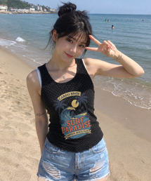 カリフォルニアサマー フラッグ ノースリーブTシャツ (ブラック)