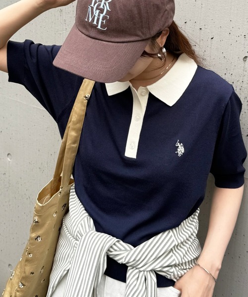 U.S. POLO ASSN.（ユーエスポロアッスン）の「【U.S. POLO ASSN.】接触冷感 バイカラーニットポロシャツ 半袖ワンポイントロゴPOLO（ポロシャツ・レディース・ホワイト/チャコールグレー/グレー/ブラウン/ネイビー系1/ネイビー/サックスブルー/ブラック・L/M）」の8枚目の写真