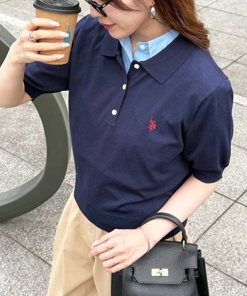 U.S. POLO ASSN.（ユーエスポロアッスン）の「【U.S. POLO ASSN.】接触冷感 バイカラーニットポロシャツ 半袖ワンポイントロゴPOLO（ポロシャツ・レディース・ホワイト/チャコールグレー/グレー/ブラウン/ネイビー系1/ネイビー/サックスブルー/ブラック・L/M）」の6枚目の写真