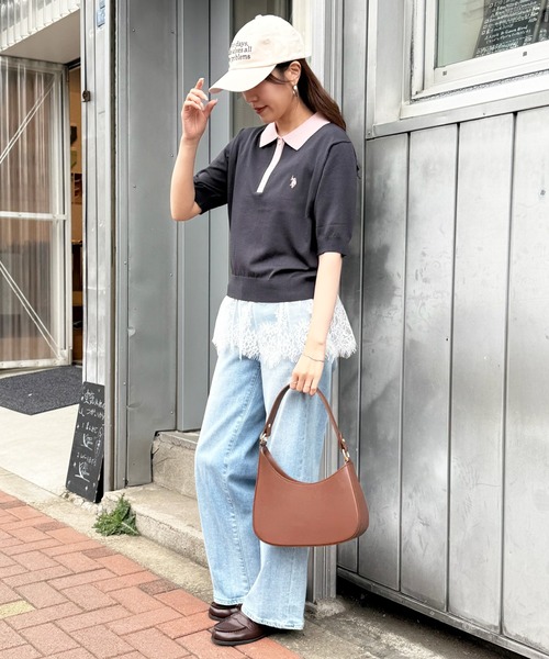 U.S. POLO ASSN.（ユーエスポロアッスン）の「【U.S. POLO ASSN.】接触冷感 バイカラーニットポロシャツ 半袖ワンポイントロゴPOLO（ポロシャツ・レディース・ホワイト/チャコールグレー/グレー/ブラウン/ネイビー系1/ネイビー/サックスブルー/ブラック・L/M）」の14枚目の写真