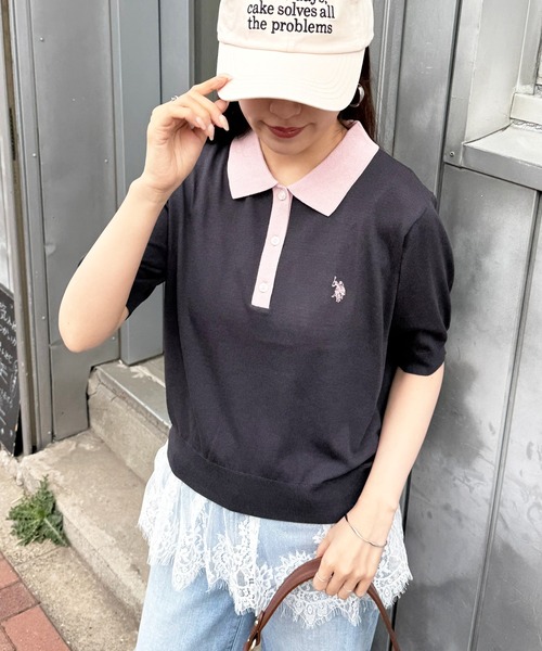 U.S. POLO ASSN.（ユーエスポロアッスン）の「【U.S. POLO ASSN.】接触冷感 バイカラーニットポロシャツ 半袖ワンポイントロゴPOLO（ポロシャツ・レディース・ホワイト/チャコールグレー/グレー/ブラウン/ネイビー系1/ネイビー/サックスブルー/ブラック・L/M）」の11枚目の写真