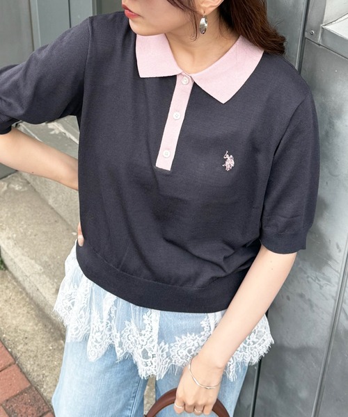 U.S. POLO ASSN.（ユーエスポロアッスン）の「【U.S. POLO ASSN.】接触冷感 バイカラーニットポロシャツ 半袖ワンポイントロゴPOLO（ポロシャツ・レディース・ホワイト/チャコールグレー/グレー/ブラウン/ネイビー系1/ネイビー/サックスブルー/ブラック・L/M）」の12枚目の写真