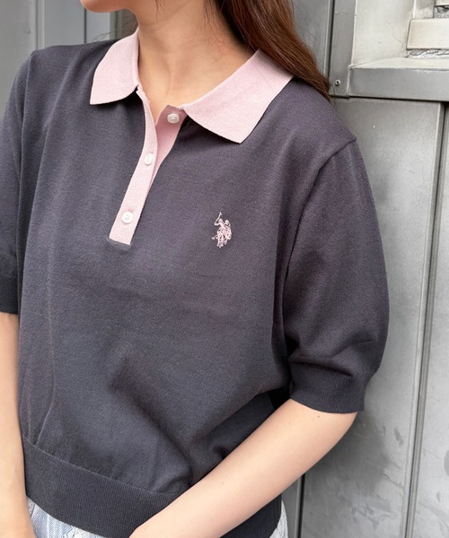 U.S. POLO ASSN.（ユーエスポロアッスン）の「【U.S. POLO ASSN.】接触冷感 バイカラーニットポロシャツ 半袖ワンポイントロゴPOLO（ポロシャツ・レディース・ホワイト/チャコールグレー/グレー/ブラウン/ネイビー系1/ネイビー/サックスブルー/ブラック・L/M）」の9枚目の写真