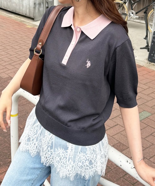 U.S. POLO ASSN.（ユーエスポロアッスン）の「【U.S. POLO ASSN.】接触冷感 バイカラーニットポロシャツ 半袖ワンポイントロゴPOLO（ポロシャツ・レディース・ホワイト/チャコールグレー/グレー/ブラウン/ネイビー系1/ネイビー/サックスブルー/ブラック・L/M）」の13枚目の写真