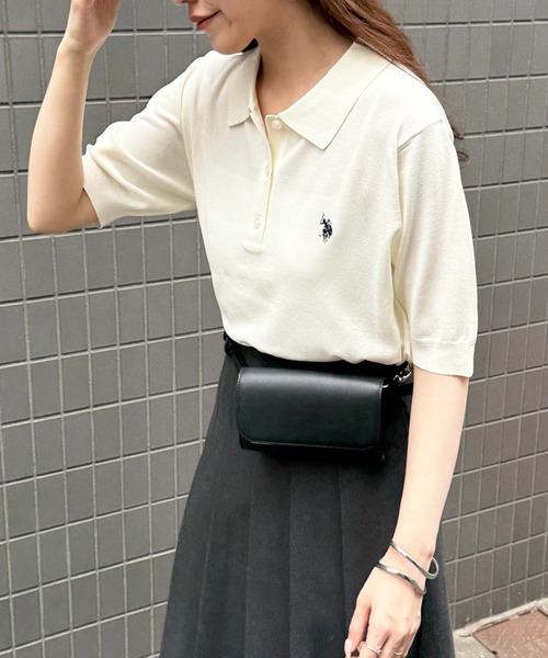 U.S. POLO ASSN.（ユーエスポロアッスン）の「【U.S. POLO ASSN.】接触冷感 バイカラーニットポロシャツ 半袖ワンポイントロゴPOLO（ポロシャツ・レディース・ホワイト/チャコールグレー/グレー/ブラウン/ネイビー系1/ネイビー/サックスブルー/ブラック・L/M）」の20枚目の写真