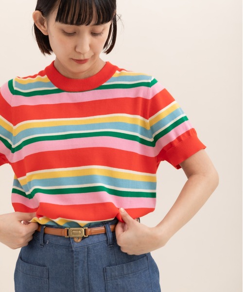 CHILD WOMAN（チャイルドウーマン）の「強撚綿マルチボーダー天竺半袖プルオーバー（ニット/セーター・レディース・レッド/ネイビー・FREE）」の2枚目の写真