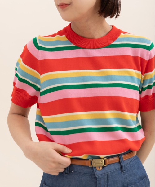 CHILD WOMAN（チャイルドウーマン）の「強撚綿マルチボーダー天竺半袖プルオーバー（ニット/セーター・レディース・レッド/ネイビー・FREE）」の3枚目の写真