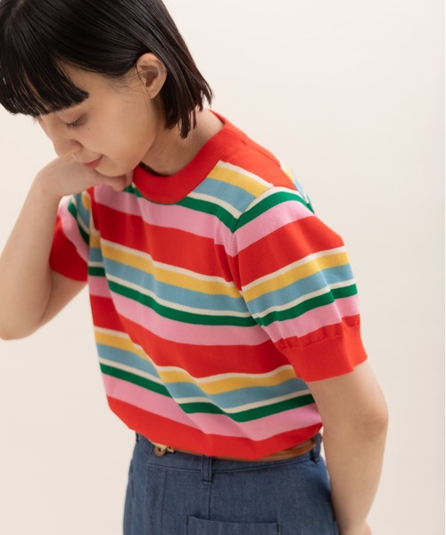 CHILD WOMAN（チャイルドウーマン）の「強撚綿マルチボーダー天竺半袖プルオーバー（ニット/セーター・レディース・レッド/ネイビー・FREE）」の4枚目の写真