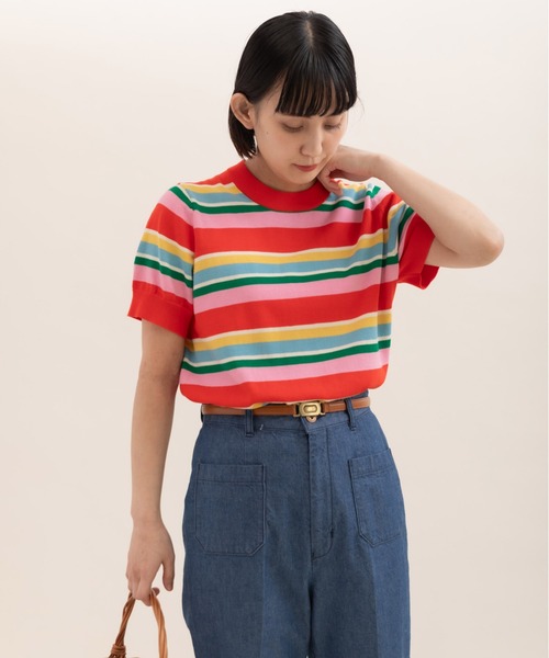 CHILD WOMAN（チャイルドウーマン）の「強撚綿マルチボーダー天竺半袖プルオーバー（ニット/セーター・レディース・レッド/ネイビー・FREE）」の6枚目の写真