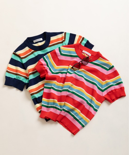 CHILD WOMAN（チャイルドウーマン）の「強撚綿マルチボーダー天竺半袖プルオーバー（ニット/セーター・レディース・レッド/ネイビー・FREE）」の18枚目の写真