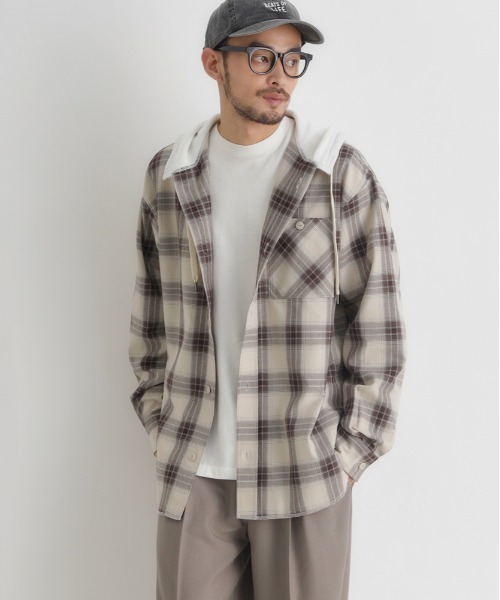 BACK NUMBER（バックナンバー）の「【BACK NUMBER】レイヤード風チェックシャツ (ビンテージ風 / ライトアウター / スウェットコンビ)（シャツ/ブラウス・メンズ・ブルー/ブラウン/ブラック・S/M/L/XL）」の3枚目の写真