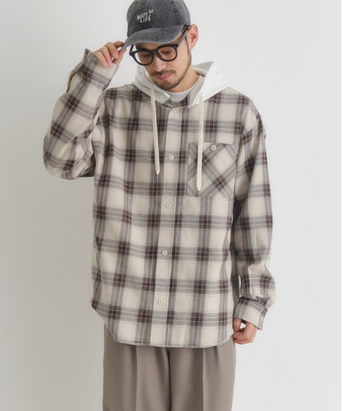 BACK NUMBER（バックナンバー）の「【BACK NUMBER】レイヤード風チェックシャツ (ビンテージ風 / ライトアウター / スウェットコンビ)（シャツ/ブラウス・メンズ・ブルー/ブラウン/ブラック・S/M/L/XL）」の8枚目の写真