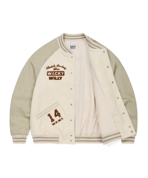 Wacky WiLLy(ワッキーウィリー)の「PATCHWORK GRAPHIC VARSITY JACKET(スタジャン・メンズ・クリーム/ネイビー・SMALL/MEDIUM/LARGE/X-LARGE)」の4枚目の写真