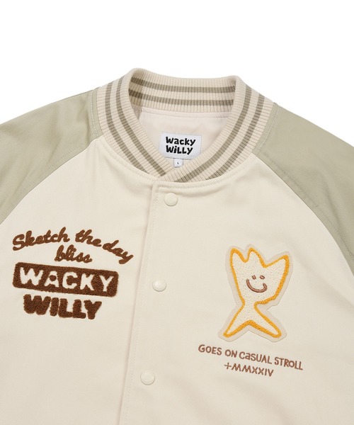 Wacky WiLLy(ワッキーウィリー)の「PATCHWORK GRAPHIC VARSITY JACKET(スタジャン・メンズ・クリーム/ネイビー・SMALL/MEDIUM/LARGE/X-LARGE)」の6枚目の写真