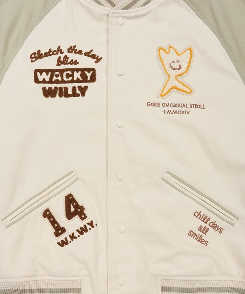 Wacky WiLLy(ワッキーウィリー)の「PATCHWORK GRAPHIC VARSITY JACKET(スタジャン・メンズ・クリーム/ネイビー・SMALL/MEDIUM/LARGE/X-LARGE)」の7枚目の写真