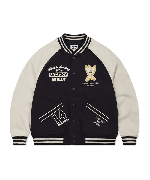 Wacky WiLLy(ワッキーウィリー)の「PATCHWORK GRAPHIC VARSITY JACKET(スタジャン・メンズ・クリーム/ネイビー・SMALL/MEDIUM/LARGE/X-LARGE)」の12枚目の写真