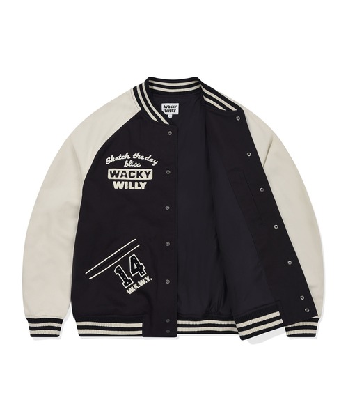 Wacky WiLLy(ワッキーウィリー)の「PATCHWORK GRAPHIC VARSITY JACKET(スタジャン・メンズ・クリーム/ネイビー・SMALL/MEDIUM/LARGE/X-LARGE)」の13枚目の写真