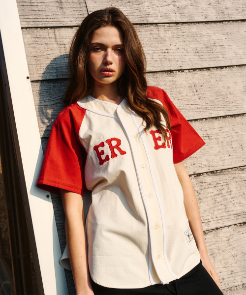 ERER（エルエル）の「ERER Color Block Baseball Shirts Red（シャツ/ブラウス・レディース・レッド・F）」の2枚目の写真