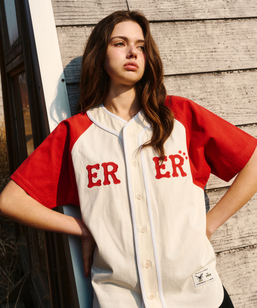 ERER（エルエル）の「ERER Color Block Baseball Shirts Red（シャツ/ブラウス・レディース・レッド・F）」の4枚目の写真