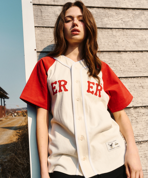 ERER（エルエル）の「ERER Color Block Baseball Shirts Red（シャツ/ブラウス・レディース・レッド・F）」の5枚目の写真