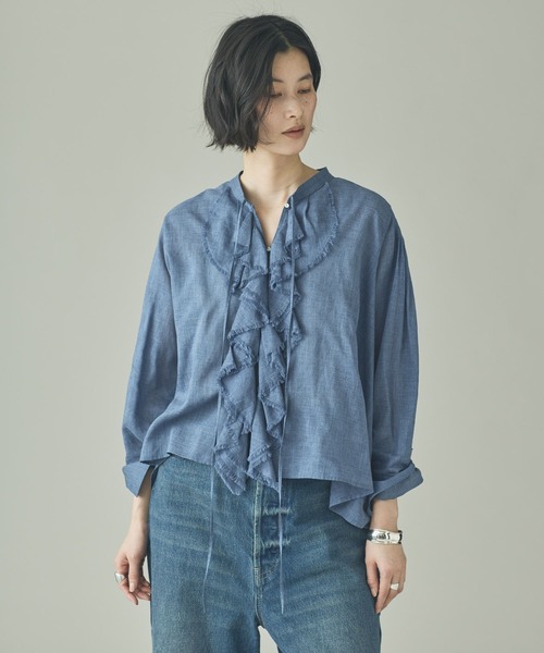 Curensology（カレンソロジー）の「Curensology(カレンソロジー)/ウォッシャブルラミーフリルブラウス（シャツ/ブラウス・レディース・ブルー系その他/ホワイト/グレー系その他2・FREE）」の7枚目の写真