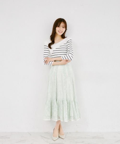 tocco closet（トッコ　クローゼット）の「バックレースアップフラワーレースフレア切り替えスカート（スカート・レディース・ミント/ラベンダー・M）」の3枚目の写真