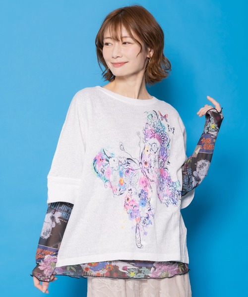 ScoLar(スカラー)の「161647:水彩タッチ花蝶プリントTシャツ(Tシャツ/カットソー・レディース・ブルー/チャコールグレー/オフホワイト・M)」の4枚目の写真