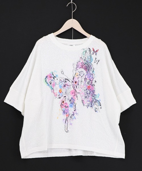 ScoLar(スカラー)の「161647:水彩タッチ花蝶プリントTシャツ(Tシャツ/カットソー・レディース・ブルー/チャコールグレー/オフホワイト・M)」の11枚目の写真