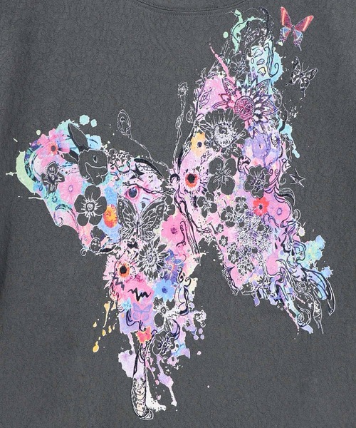 ScoLar(スカラー)の「161647:水彩タッチ花蝶プリントTシャツ(Tシャツ/カットソー・レディース・ブルー/チャコールグレー/オフホワイト・M)」の13枚目の写真