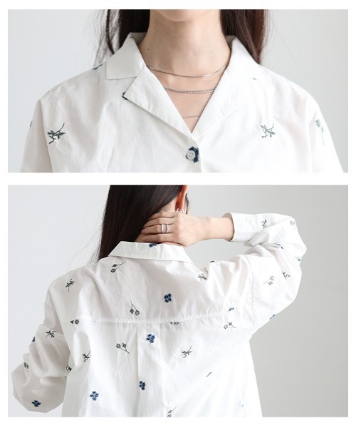 Sawa a la mode(サワアラモード)の「花柄刺繍オープンカラーコットンシャツ(シャツ/ブラウス・レディース・ブラック/オフホワイト・FREE)」の6枚目の写真