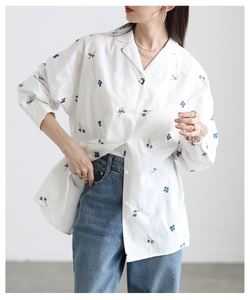 Sawa a la mode(サワアラモード)の「花柄刺繍オープンカラーコットンシャツ(シャツ/ブラウス・レディース・ブラック/オフホワイト・FREE)」の12枚目の写真