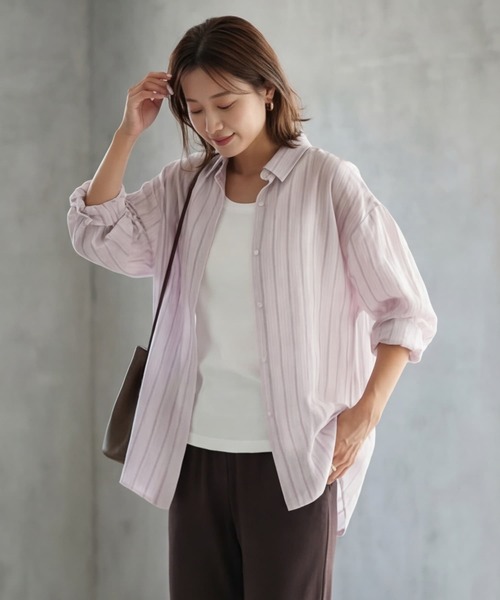 STYLE DELI(スタイルデリ)の「エアリーストライプ柄シャツ(シャツ/ブラウス・レディース・ピンク/ホワイト・FREE)」の12枚目の写真