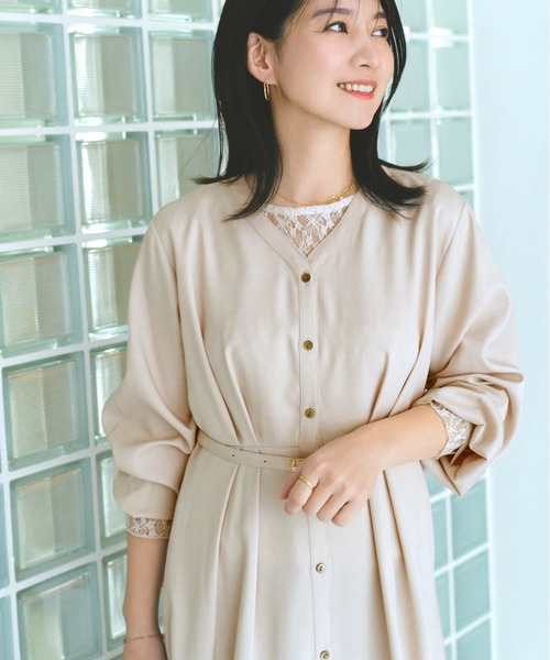 COHINA(コヒナ)の「リネンライクタックフレアワンピース 【低身長・小柄女性】(ワンピース・レディース・ネイビー/ベージュ・REGULAR/SHORT)」の7枚目の写真