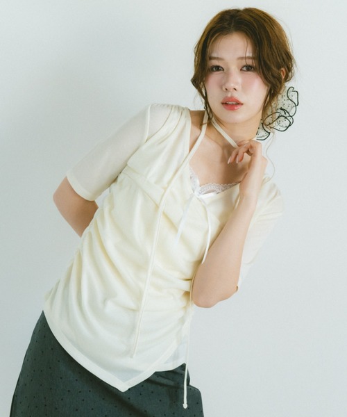 VANNIE U（ヴァニーユー）の「ドレープカシュクールトップス（Tシャツ/カットソー・レディース・ブラック/アイボリー・FREE）」の7枚目の写真