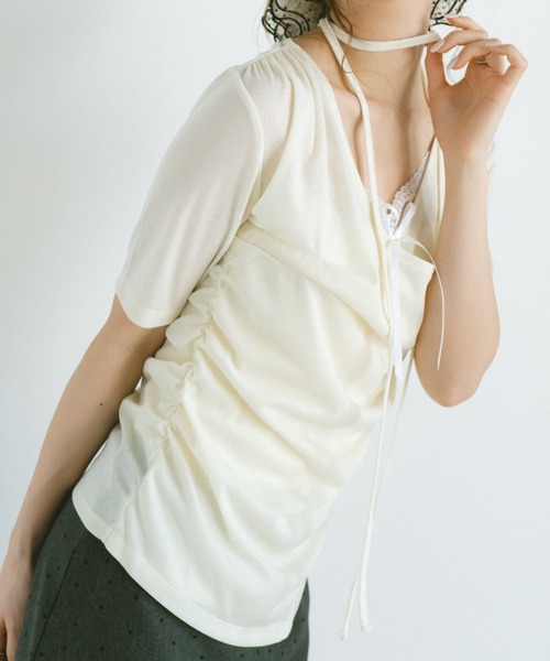VANNIE U（ヴァニーユー）の「ドレープカシュクールトップス（Tシャツ/カットソー・レディース・ブラック/アイボリー・FREE）」の8枚目の写真