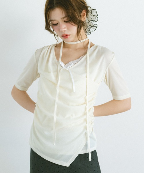 VANNIE U（ヴァニーユー）の「ドレープカシュクールトップス（Tシャツ/カットソー・レディース・ブラック/アイボリー・FREE）」の9枚目の写真