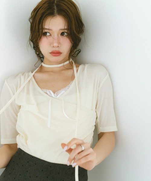 VANNIE U（ヴァニーユー）の「ドレープカシュクールトップス（Tシャツ/カットソー・レディース・ブラック/アイボリー・FREE）」の13枚目の写真