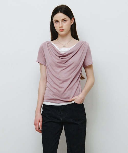 MONGDOL(モンドル)の「ドレープネックレイヤード半袖TシャツラベンダーMDTS094LAVENDER(Tシャツ/カットソー・レディース・その他・F)」の1枚目の写真