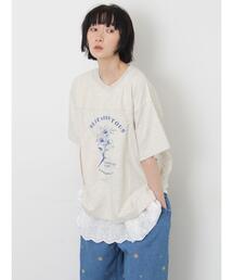 Samansa Mos2 | 【接触冷感】ミニ裏毛切替フラワープリントTシャツ(Tシャツ/カットソー)