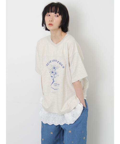 セール】【接触冷感】ミニ裏毛切替フラワープリントTシャツ（Tシャツ