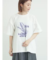 【接触冷感】ミニ裏毛切替フラワープリントTシャツ