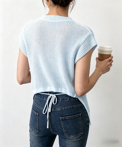 Miniministore(ミニミニストア)の「サマーニット バックリボン透け感トップス(Tシャツ/カットソー・レディース・ダークブルー/ホワイト/ライトブルー/ブラック・FREE)」の1枚目の写真