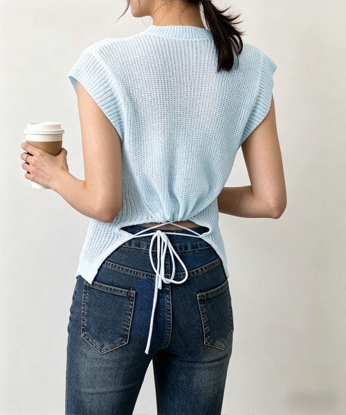 Miniministore(ミニミニストア)の「サマーニット バックリボン透け感トップス(Tシャツ/カットソー・レディース・ダークブルー/ホワイト/ライトブルー/ブラック・FREE)」の5枚目の写真