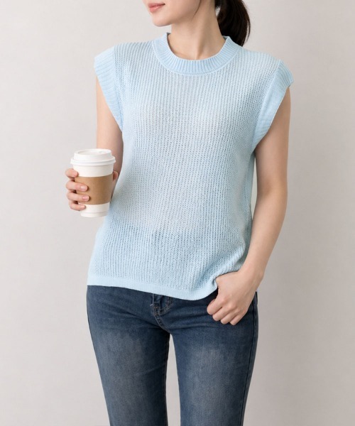 Miniministore(ミニミニストア)の「サマーニット バックリボン透け感トップス(Tシャツ/カットソー・レディース・ダークブルー/ホワイト/ライトブルー/ブラック・FREE)」の6枚目の写真